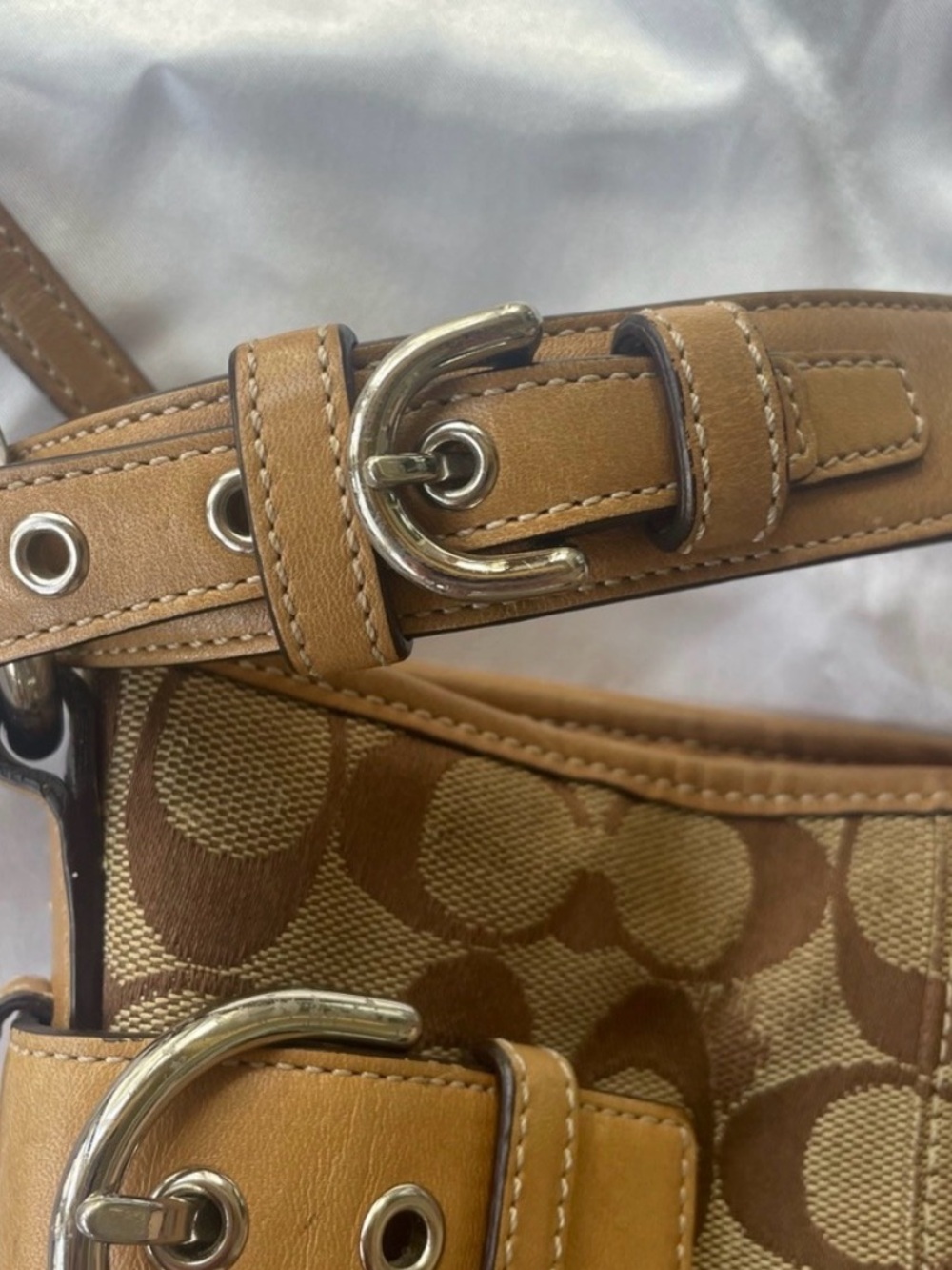 Coach Brown Tan Signature Canvas Shoulder Bag with Leather Trim - Picture 6 of 8